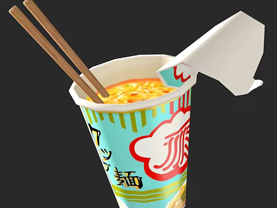 Cup Noodles with Open Lid Hot Noodles Inside and Wooden Chopsticks on Colorful Packaging 3d model