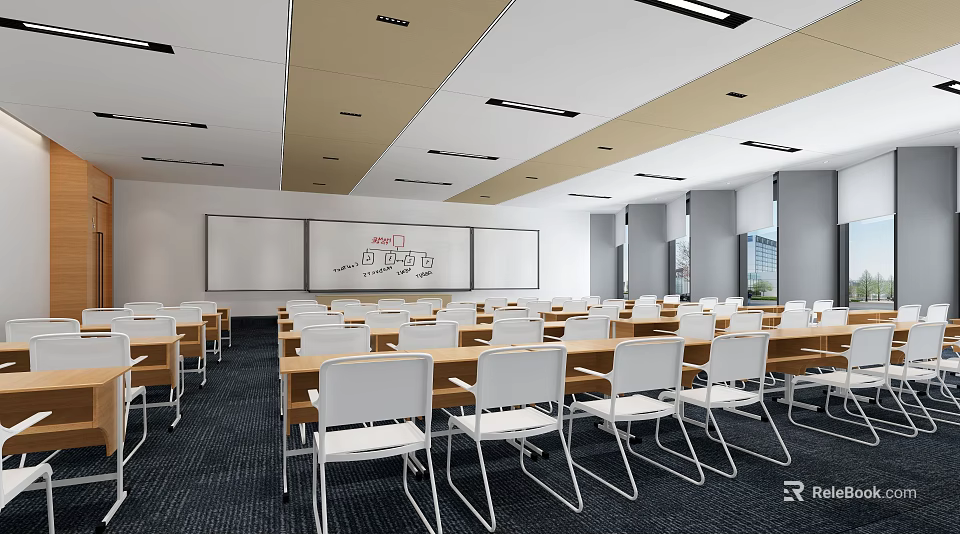 School Modern Classroom With Rows Of Desks Whiteboards And Ceiling Lights 3d model 