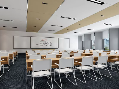 School Modern Classroom With Rows Of Desks Whiteboards And Ceiling Lights 3d model