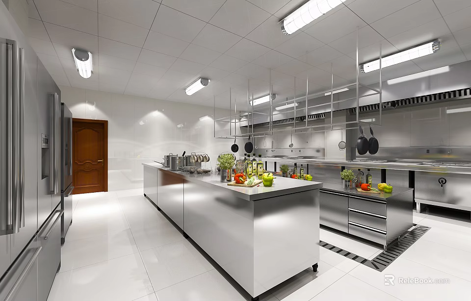 Commercial Restaurant Kitchen With Stainless Steel Countertops Hanging Utensils Fresh Produce Ceiling Lights And Cabinets 3d model 
