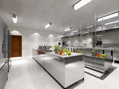Commercial Restaurant Kitchen With Stainless Steel Countertops Hanging Utensils Fresh Produce Ceiling Lights And Cabinets 3d model