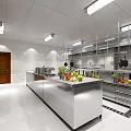 Commercial Restaurant Kitchen With Stainless Steel Countertops Hanging Utensils Fresh Produce Ceiling Lights And Cabinets