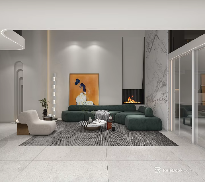 Modern Duplex Living Room With Green Sofa And Fireplace 3d model