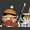 Delicious Burger with Sesame Bun Onion Rings Tomato Slices and Drink on Yellow Tray