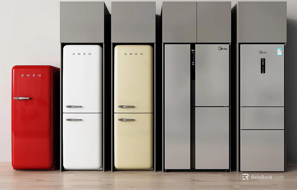 Various Styles Refrigerators Showcase Featuring Red White Cream and Silver Colors 3d model 