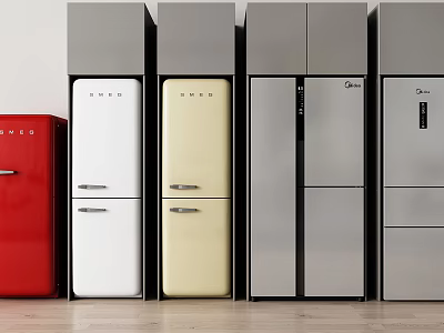 Various Styles Refrigerators Showcase Featuring Red White Cream and Silver Colors 3d model