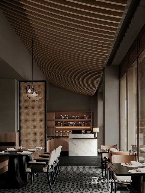 Elegant Modern Restaurant Interior Design With Wooden Ceiling Bar Counter Dining Tables And Lighting Fixtures 3d model 