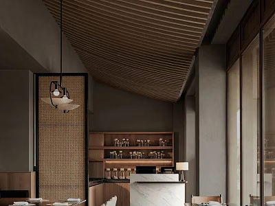 Elegant Modern Restaurant Interior Design With Wooden Ceiling Bar Counter Dining Tables And Lighting Fixtures 3d model