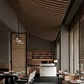 Elegant Modern Restaurant Interior Design With Wooden Ceiling Bar Counter Dining Tables And Lighting Fixtures