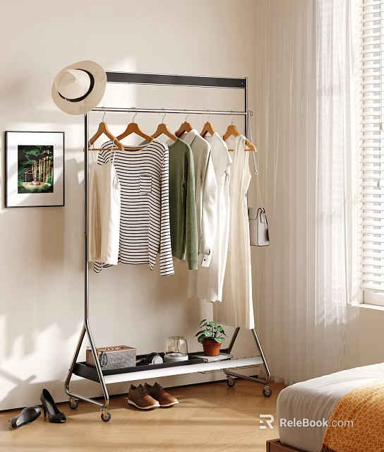 Stylish Clothing Rack With Hanging Clothes On Wooden Hangers And Potted Plant Books Near Window 3d model 