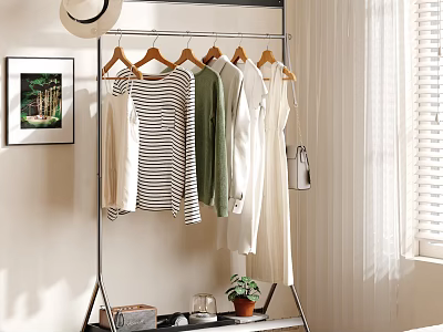 Stylish Clothing Rack With Hanging Clothes On Wooden Hangers And Potted Plant Books Near Window 3d model