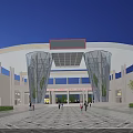 Modern Entrance Gate With Curved Roof Glass Metal Structure Nighttime Lighting And People On Plaza