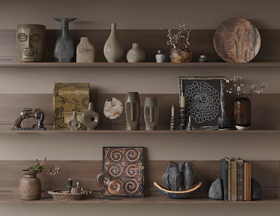 Artistic Ornamental Decor Sets on Wooden Shelves with Ceramic Vases Masks and Vintage Books 3d model