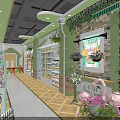 Green Specialty Store Interior With Glass Display Area Cartoon Figures Shelves And Plant Decorations