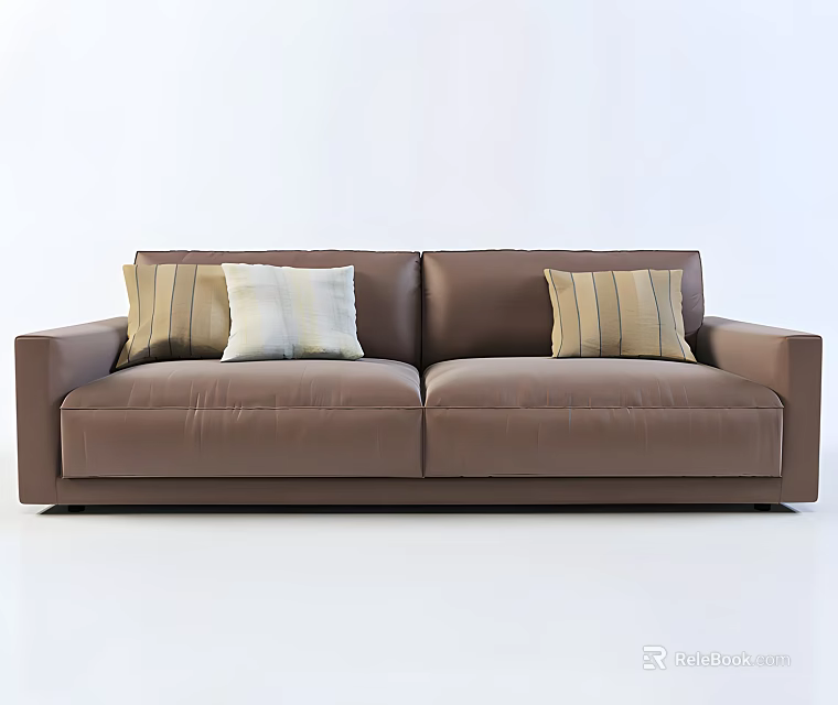 Brown Leather Two Seater Sofa With Striped And Light Decorative Pillows 3d model