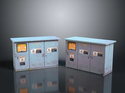 Gray Metal Electrical Equipment Cabinets With Warning Signs And Safety Labels 3d model