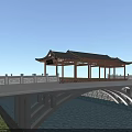 Traditional Chinese Bridge with Pavilion Roof and Carved Railings Over Blue Water Against Sky Clouds