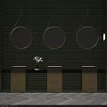 Elegant Luxury Kitchen Interior With Green Brick Wall Round Mirrors Golden Vanities And Black Countertop