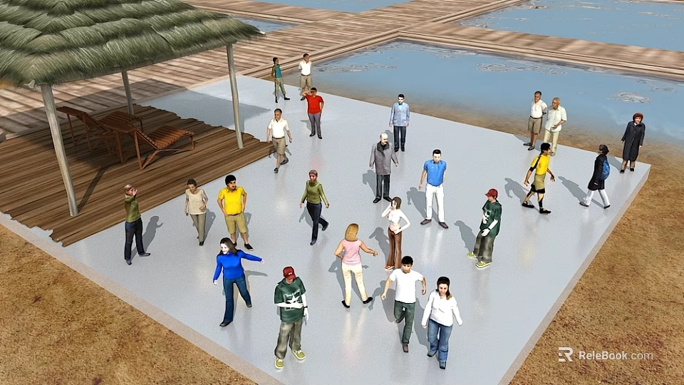 People Gathering On Wooden Deck Near Water Area With Thatched Roof Shelter 3d model 