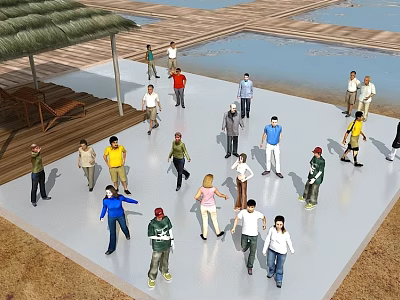 People Gathering On Wooden Deck Near Water Area With Thatched Roof Shelter 3d model