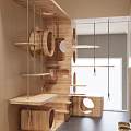 Modern Wooden Entryway with Multi Tiered Shelves Cat Beds Hanging Hooks and Circular Openings