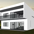 Modern Two Story Single Family House With Large Glass Windows Balcony And Green Lawn