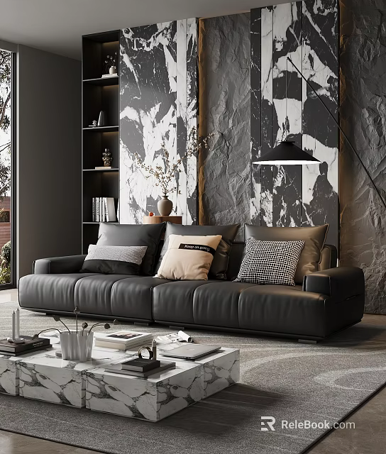 Modern Living Room With Black Leather Sofa Throw Pillows Bookshelf Floor Lamp And Wall Art 3d model 