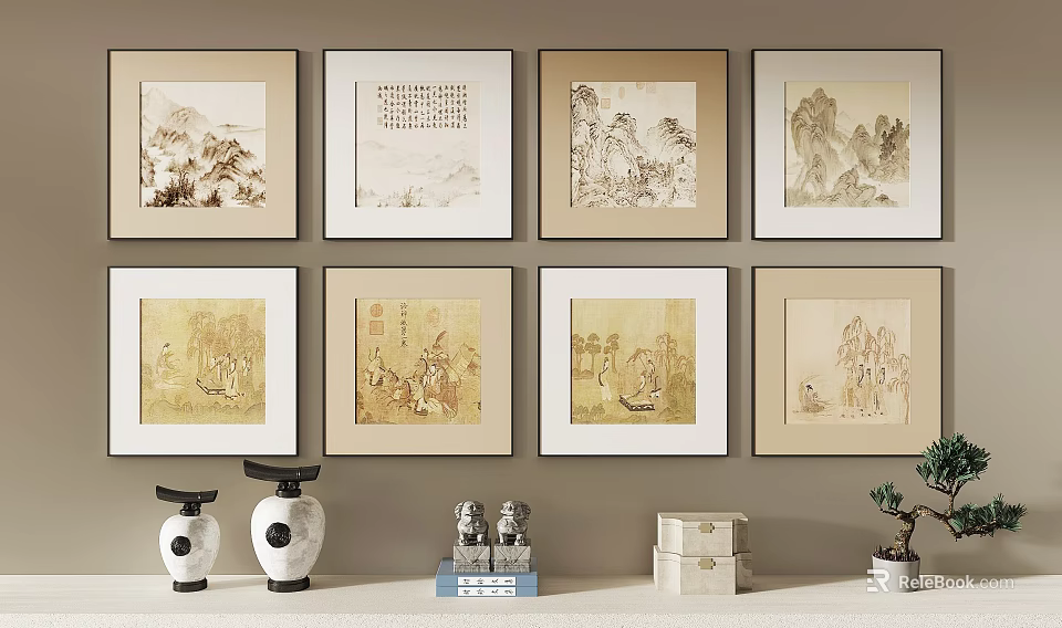 Traditional Chinese Paintings Wall Art With Decorative Vases Stone Figurines And Potted Plant 3d model 