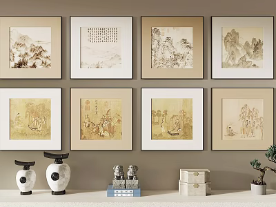 Traditional Chinese Paintings Wall Art With Decorative Vases Stone Figurines And Potted Plant 3d model