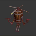 Futuristic Space Aerial Vehicle With Wooden Barrel Body Propellers And Mechanical Legs