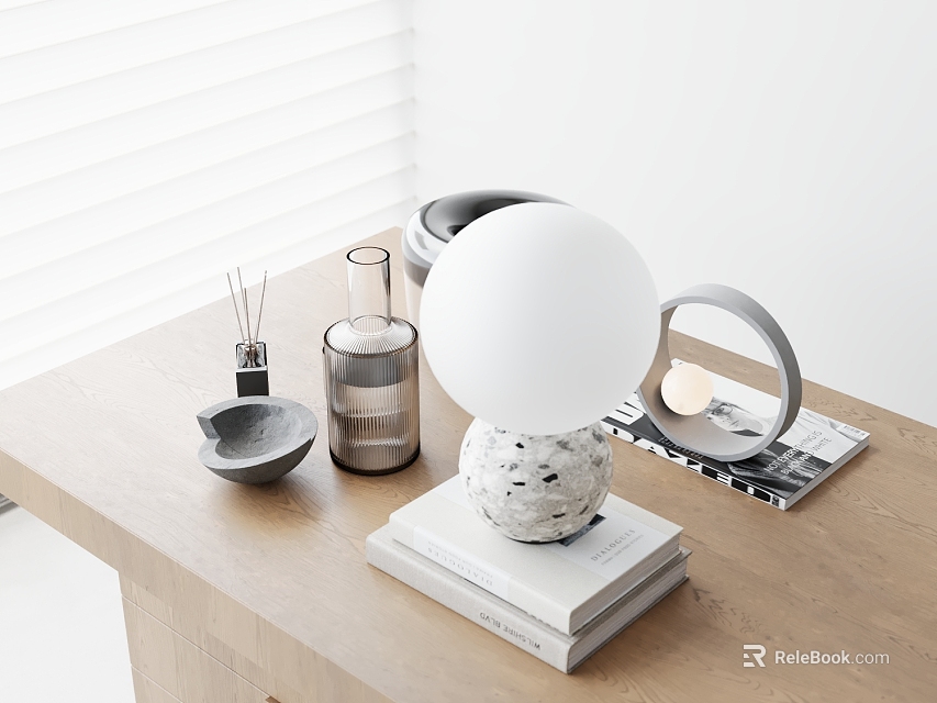 Modern Decorative Ornament Set With White Spherical Lamp Marble Base Books And Wooden Tabletop 3d model 