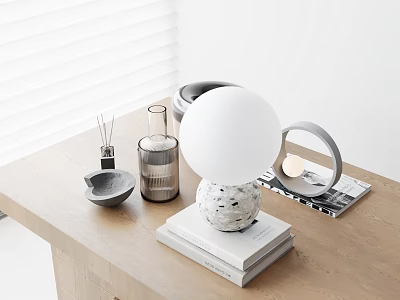 Modern Decorative Ornament Set With White Spherical Lamp Marble Base Books And Wooden Tabletop 3d model