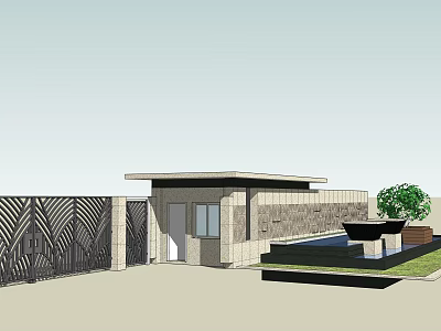 Modern Entrance Gate Design With Stone Wall Geometric Pattern And Courtyard Water Feature 3d model