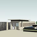 Modern Entrance Gate Design With Stone Wall Geometric Pattern And Courtyard Water Feature