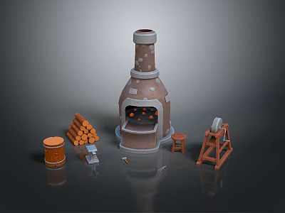Traditional Rustic Household Items Including Clay Stove Firewood Logs Wooden Barrel Small Stool Stone Mill 3d model