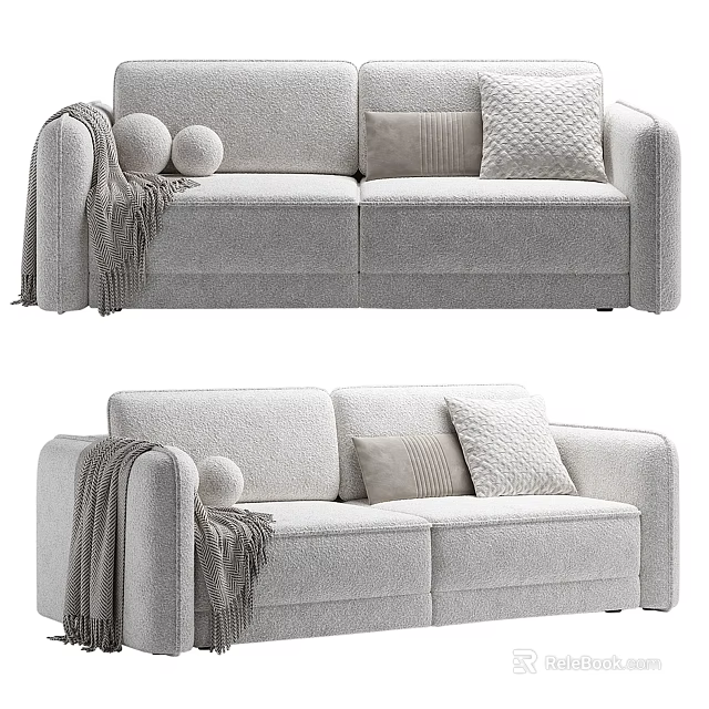 Light Gray Two Seater Sofa With Soft Fabric Throw Pillows And Decorative Blanket 3d model