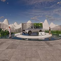 KL90 White Car Showcased On Circular Platform With Mountain Shaped Structures And Greenery