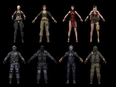 Multiple Character Designs With Diverse Outfits Military Elements And Modern Appearance 3d model