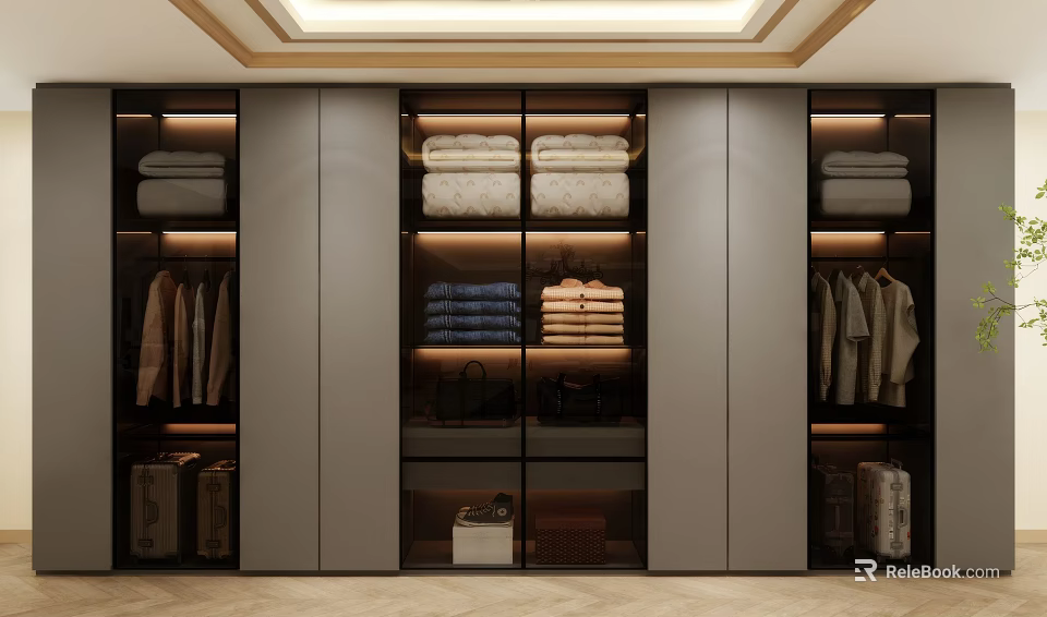 Elegant Modern Wardrobe Interior with Glass Doors Lighting and Organized Clothes Storage 3d model 