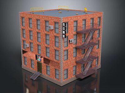 Cartoon Scene Of Multi Story Brick Building With Fire Escape Windows And Yellow Rooftop 3d model