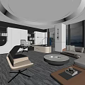 Modern Office Interior Design With Sofa Desk Round Coffee Table And Floor-to-Ceiling Windows
