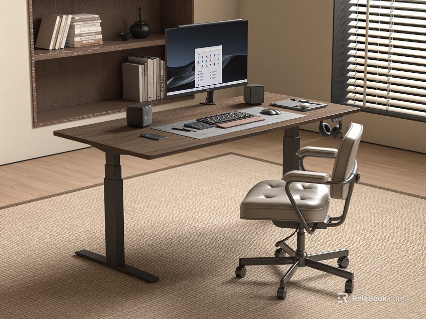 Modern Office Desk Setup With Monitor Keyboard Mouse Mugs Bookshelf And Leather Chair 3d model 