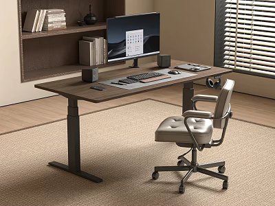 Modern Office Desk Setup With Monitor Keyboard Mouse Mugs Bookshelf And Leather Chair 3d model