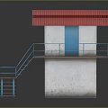 Small Building With Red Roof White Walls Blue Railings Staircase And Small Window