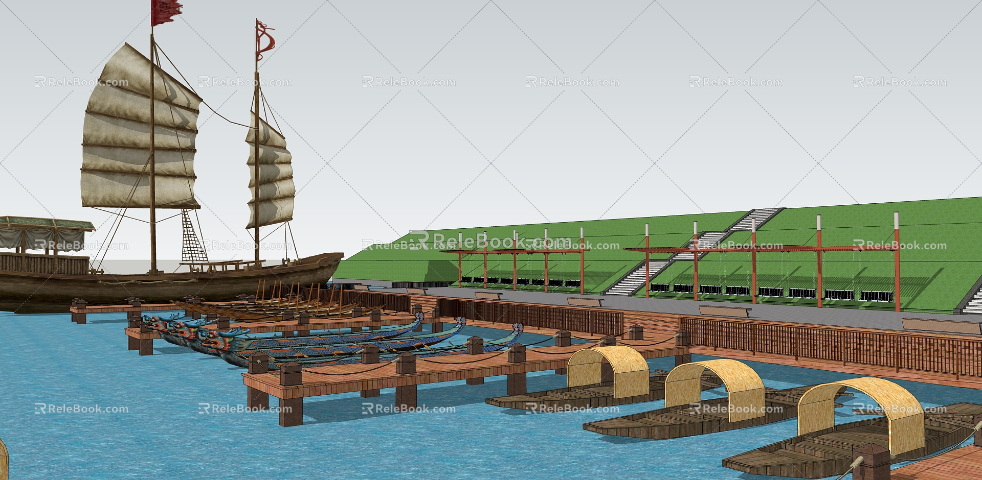 New Chinese-style Wharf Dragon Boat Cruise Tour Reception Wharf Wupeng Boat Flower Boat Cargo Tour 3d model