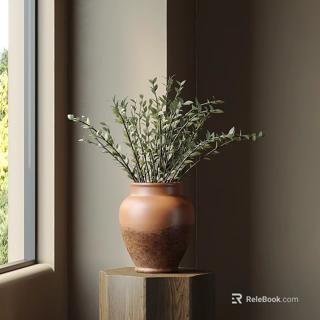 Terracotta Vase With Green Foliage On Pedestal By Window In Natural Light 3d model 