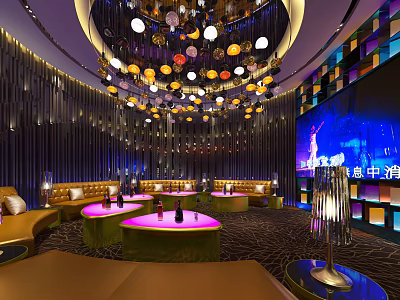 Modern Bar Interior Design With Stylish Lighting Leather Sofas Round Tables And Large Screen 3d model