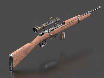 Classic Vintage Rifle With Wooden Stock Mounted Scope And Magazine Displayed On Gray Surface 3d model