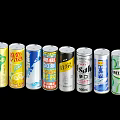 Canned Beverages With Various Flavors And Brands Arranged In A Row