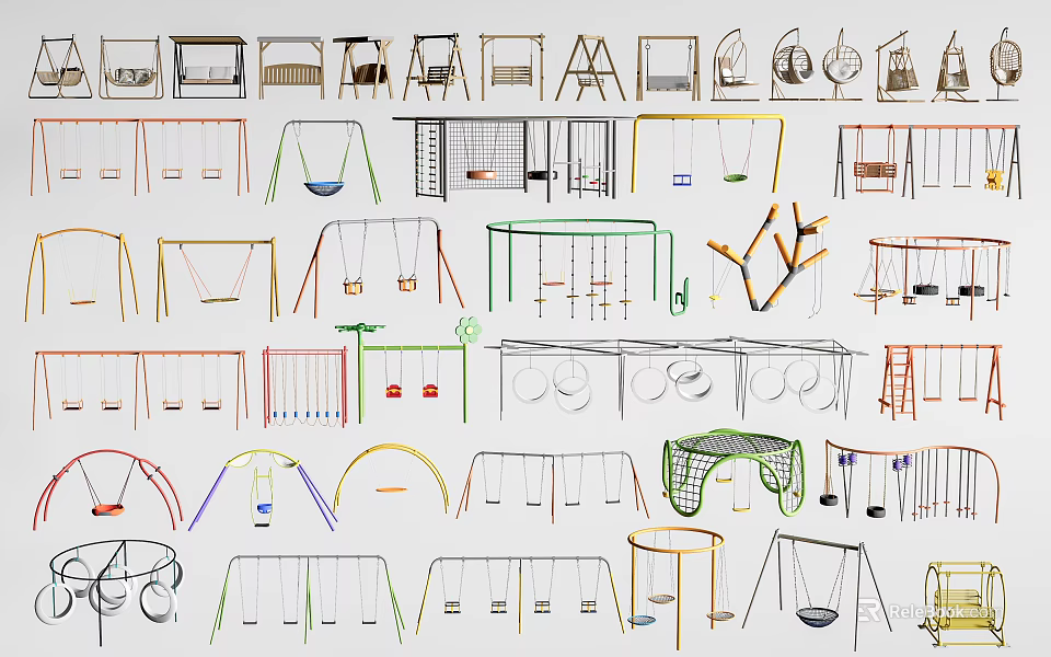 Colorful Sports Equipment Collection Featuring Swings Climbing Frames Slides And Goal Posts 3d model 
